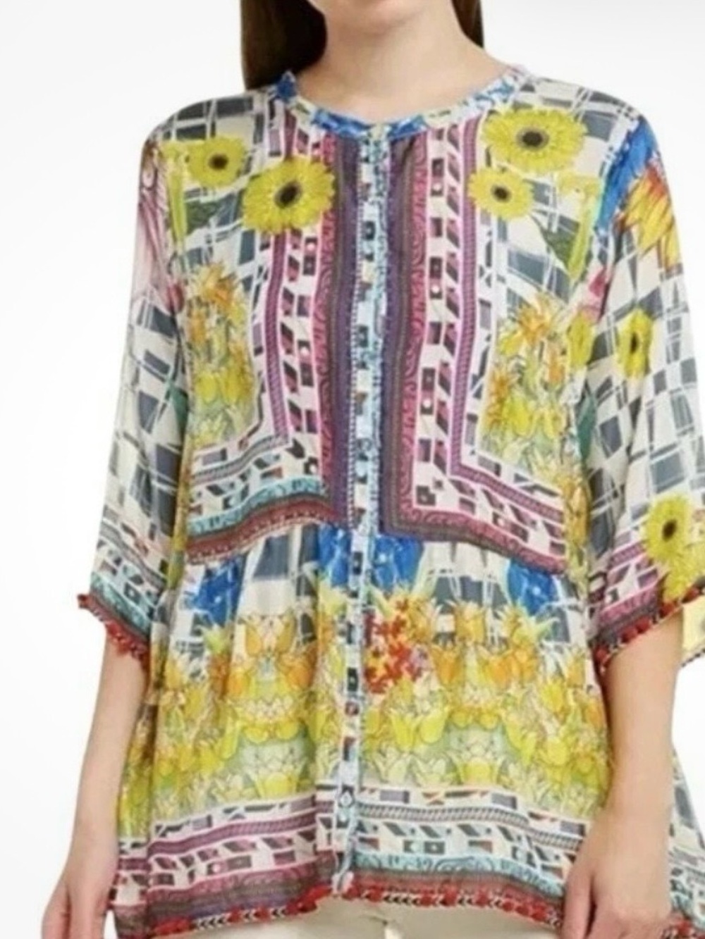 Johnny Was Yellow Multi Floral Patchwork Button-Front Tunic